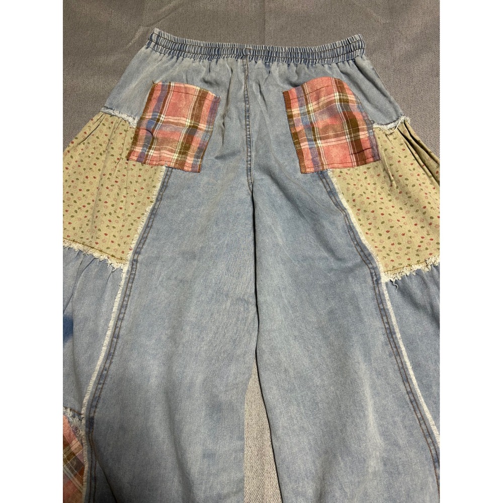 POL Patchwork Jeans Women Large Blue Star Plaid Floral Wide Leg Boho Denim - Picture 2 of 9